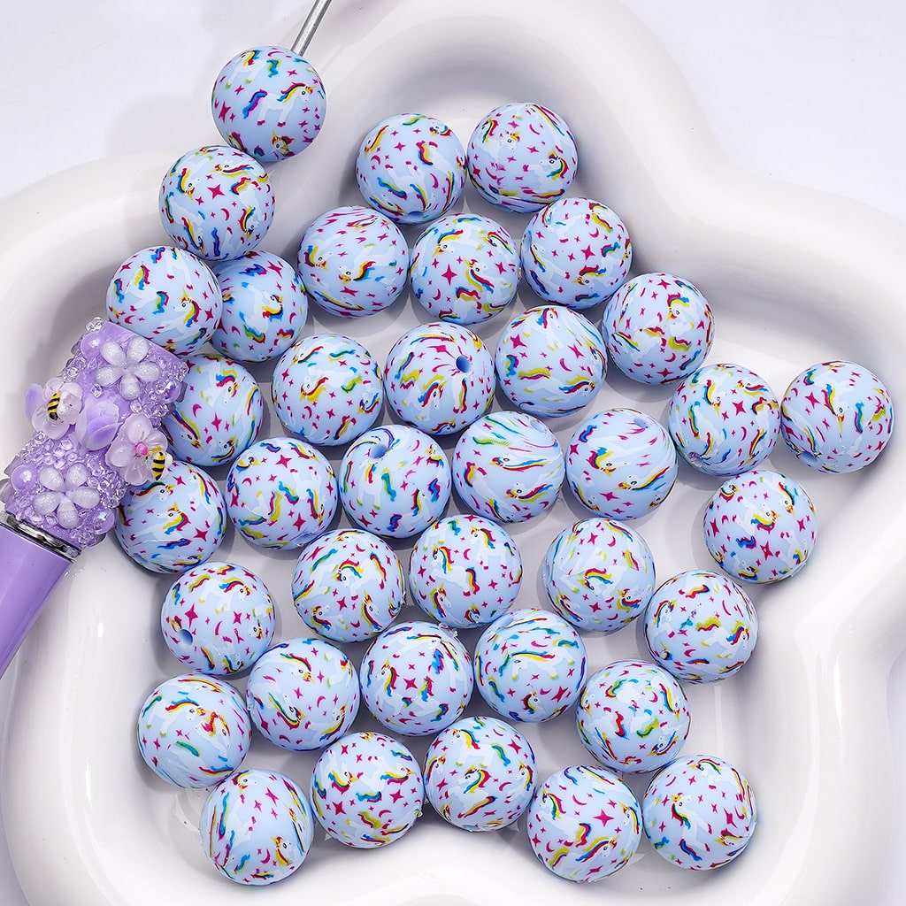 Unicorn, Star & Moon Print Mini Blue Silicone Beads 15mm