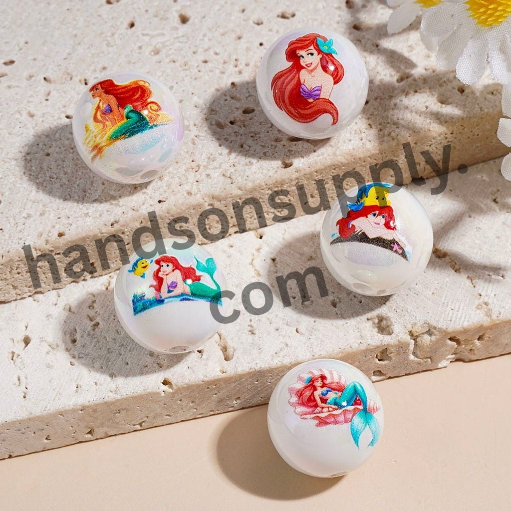 UV-Coated White Pearl Red-Hair Mermaid Princess Cartoon Character Print Round Acrylic Beads for Bracelets, 16MM, Random Mix