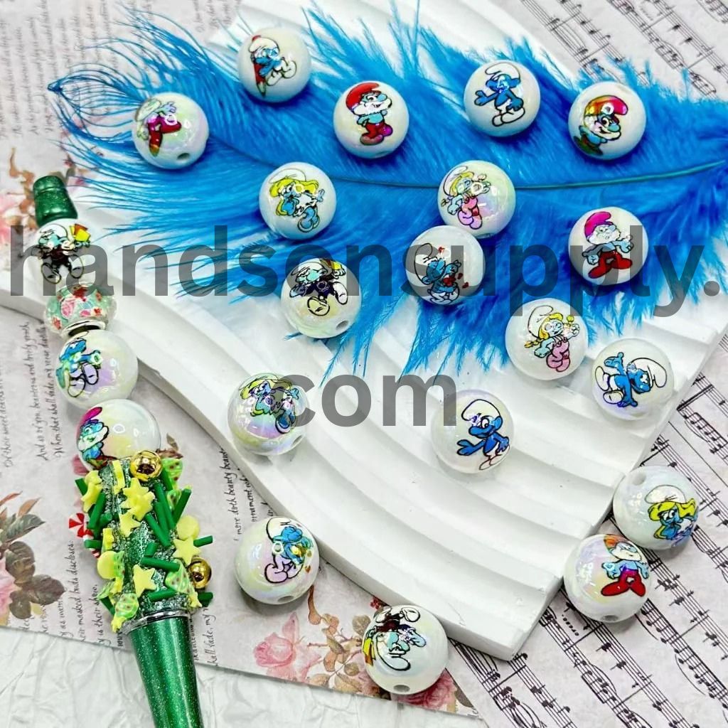 Little Cute Smur White Round UV Finish Acrylic Beads, Random Mix, 16MM