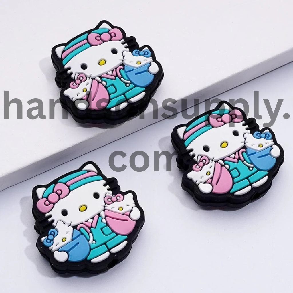 Cat Character Holds Two Cute Baby Kitten Doctor Nurse Silicone Focal Beads