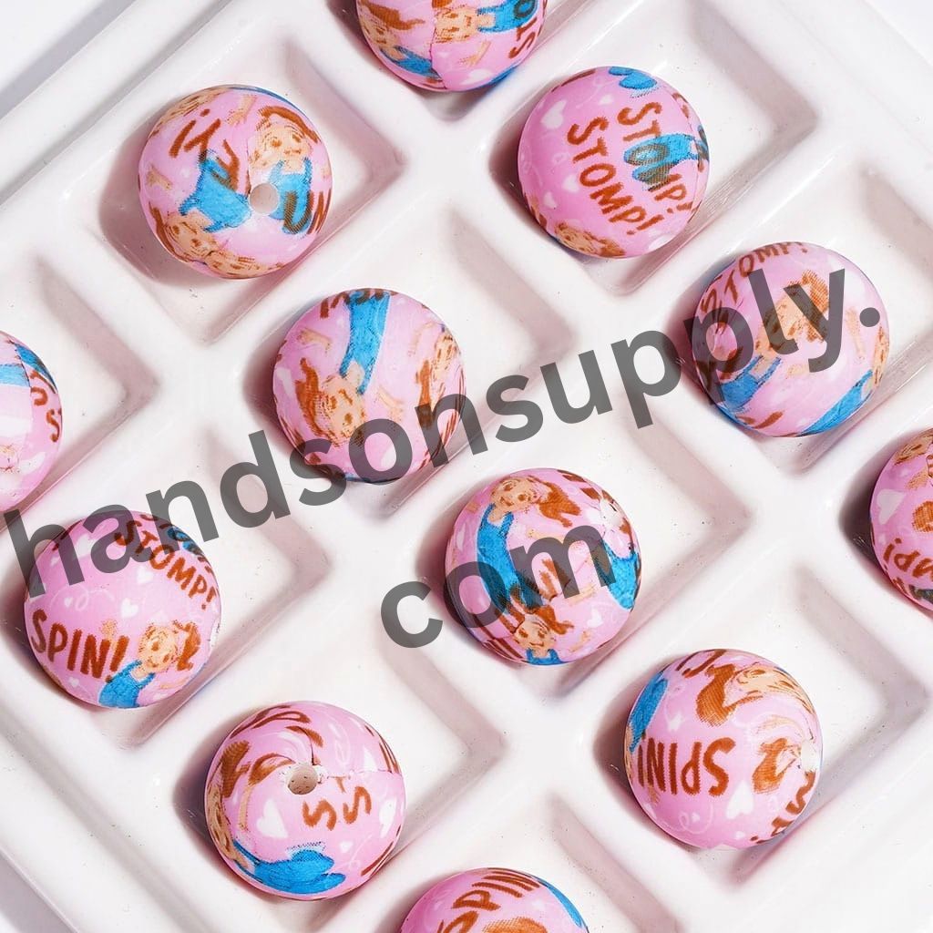 Cute Cartoon Character with Active Text Doodles Prints Round Silicone Beads, 15MM