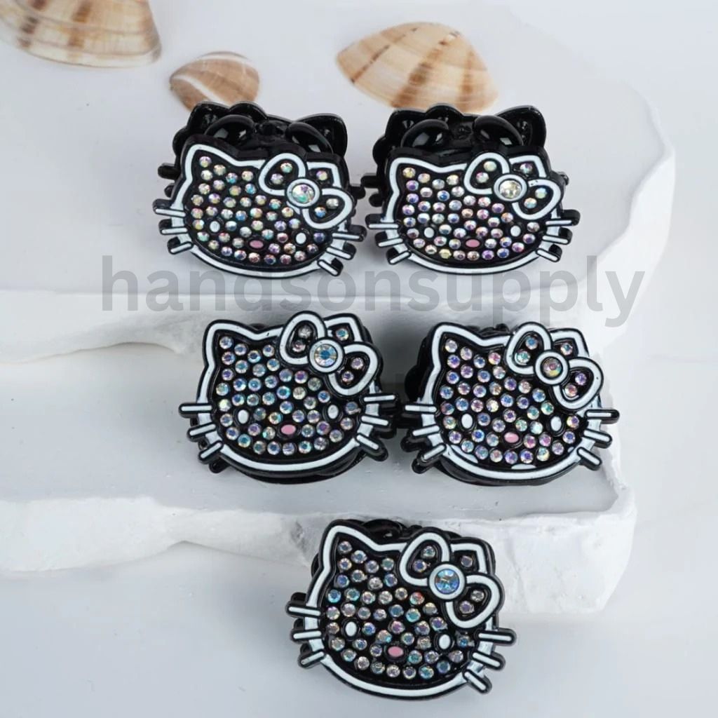 Fancy Bling Bling Silver Black Alloy HK Cat Kitten Head with AB Glittery Rhinestones Round Clay Beads, Around 32*24MM