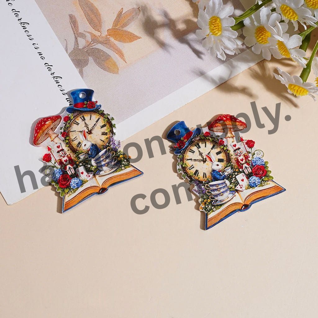 Alice in Wonderland White Rabbit Mushroom Clock Plants Bowls Tea Party Book Acrylic Pendant, 45×35MM
