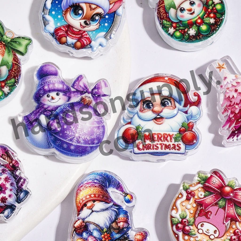 Cute Christmas Theme Snowman, Reindeer, Santa Claus & Christmas Tree Acrylic Beads, Multi-Design Random Mix