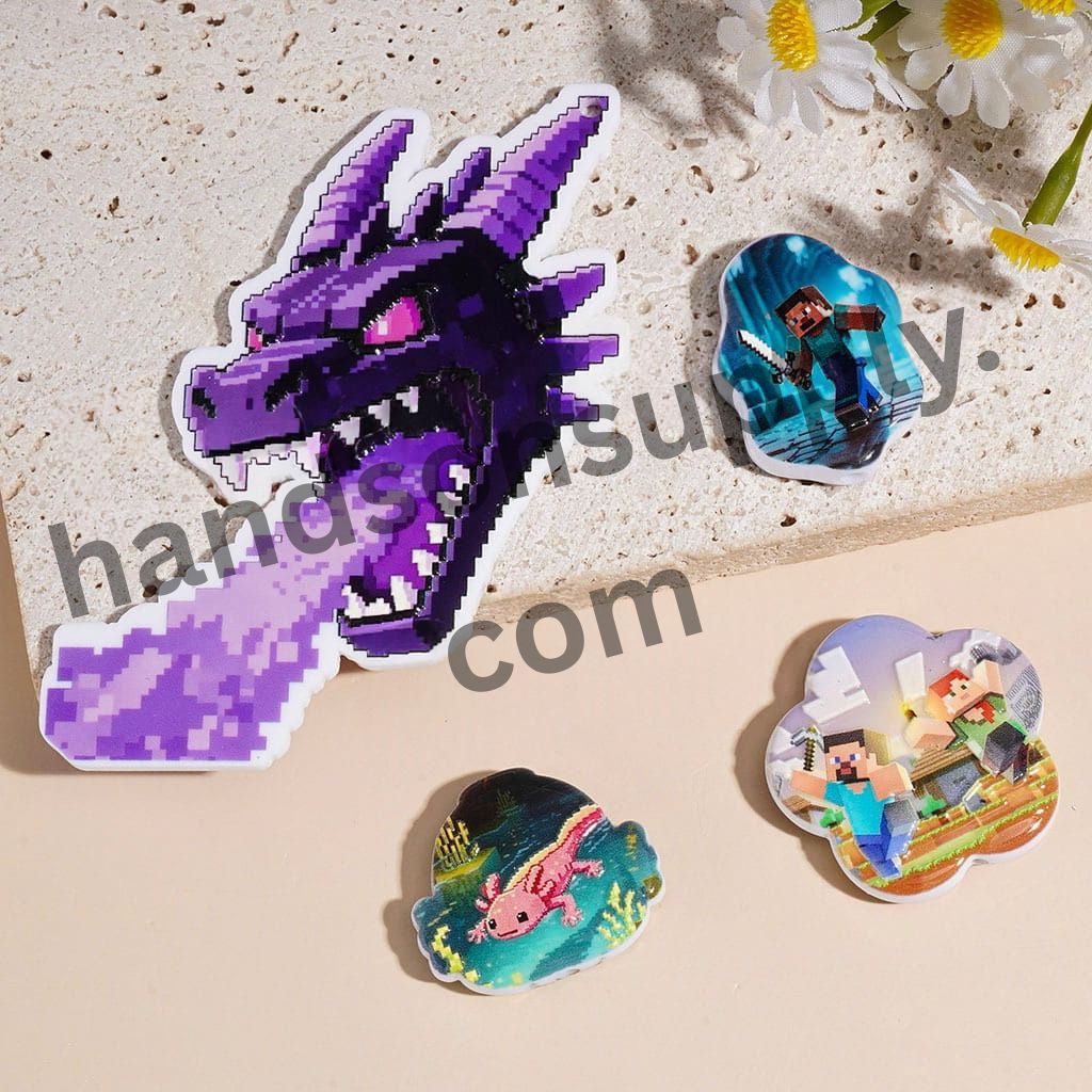Sandbox Game-Inspired Purple Dragon Character Series Acrylic Beads Pendants, Assorted Shapes & Designs, Random Mix
