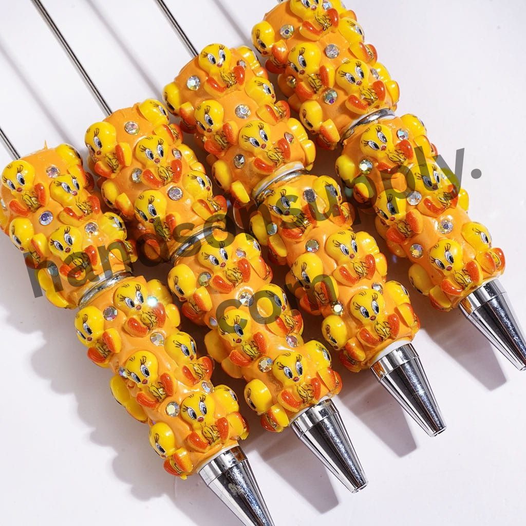 Cute Yellow Big Eyed Tweety Bird Character Rhinestone Beadable Clay Pens