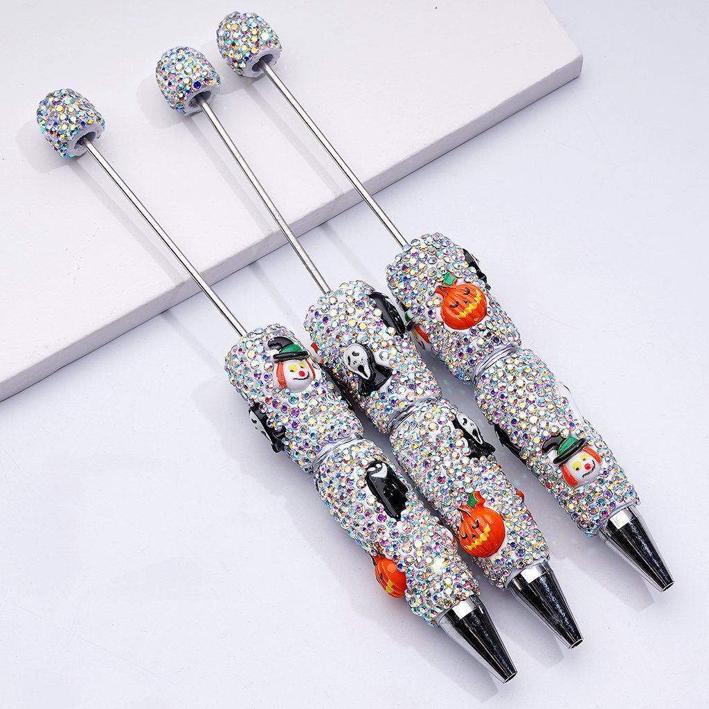 Beadable Clay Pens Halloween with Ghost Face Pumpkin Clown with Wizard Hat Horror Ghost AB Rhinestones Covered the Entire Pen Random Mix