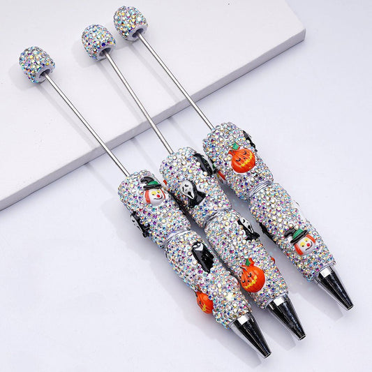 Beadable Clay Pens Halloween with Ghost Face Pumpkin Clown with Wizard Hat Horror Ghost AB Rhinestones Covered the Entire Pen Random Mix