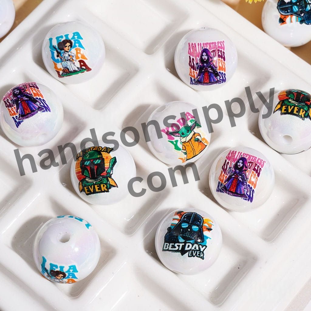 UV Coating Fantasy Space Saga Warrior & Alien Character Series Printed Round Acrylic Beads for Bracelets, 16MM, Random Mix