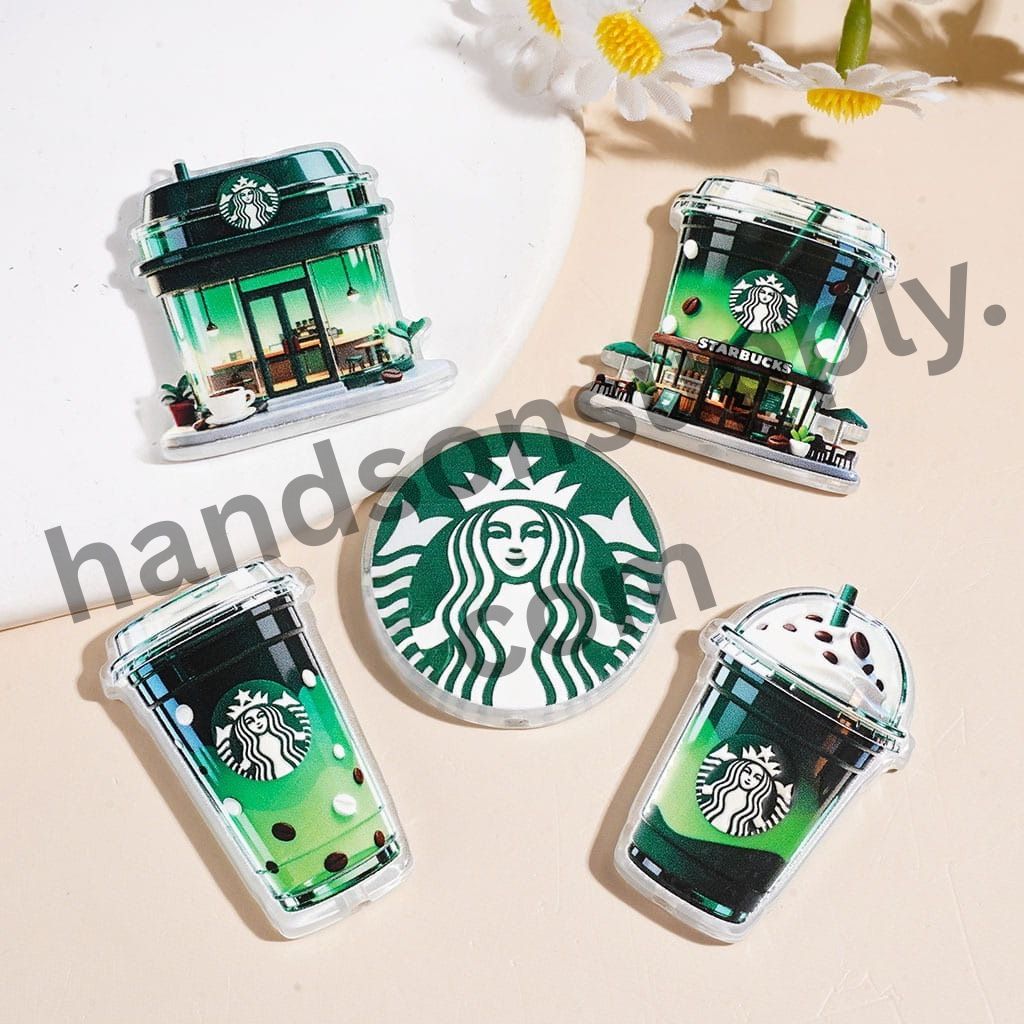 Elegant Coffee Shop & Coffee Cup Designs in Vibrant Green, Flat Round and Assorted Styles, Acrylic Beads, Random Mix