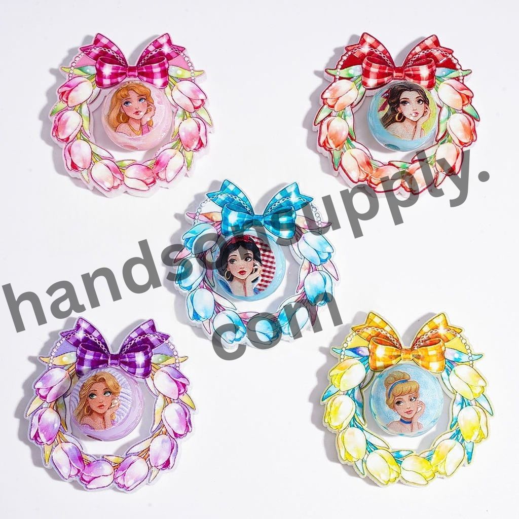 Adorable Hollowed Bowtie Garland with Royal Princess Character Printed Round Acrylic Beads Collection Set, Random Mix