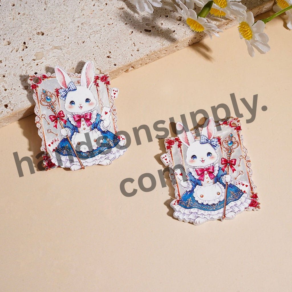 Cute Magician Rabbit Character Acrylic Pendant with Magic Staff, Poker Cards & Rose Frame, 44*36MM