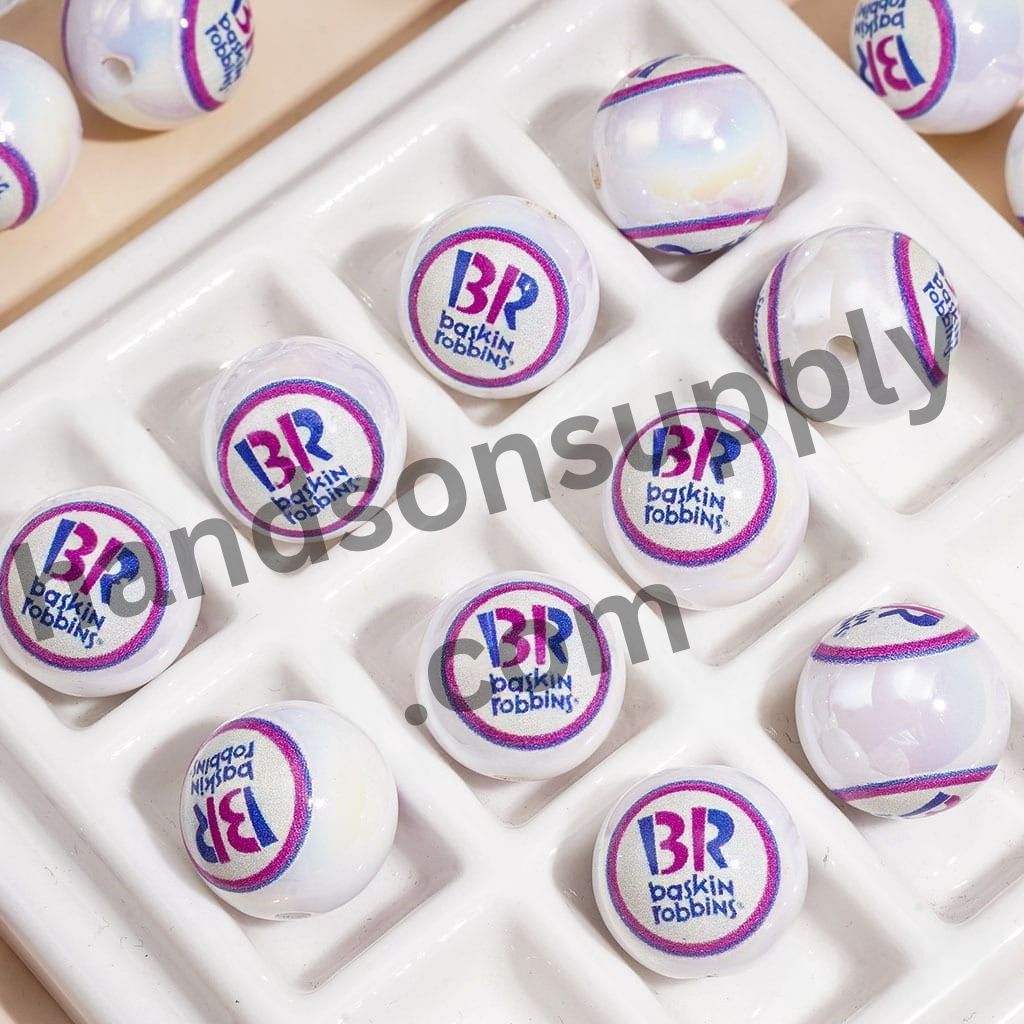 Baskin-Robbins Logo Print, Ice Cream Theme, Pearl White, Acrylic Beads for Bracelets, 16MM