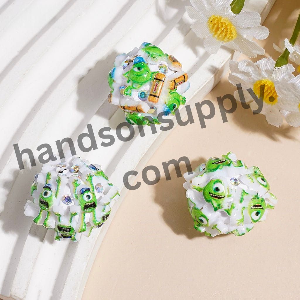 Cute Green One-Eyed Monster Character Clay Beads with AB Rhinestones, 18MM, Assorted Designs, Random Mix