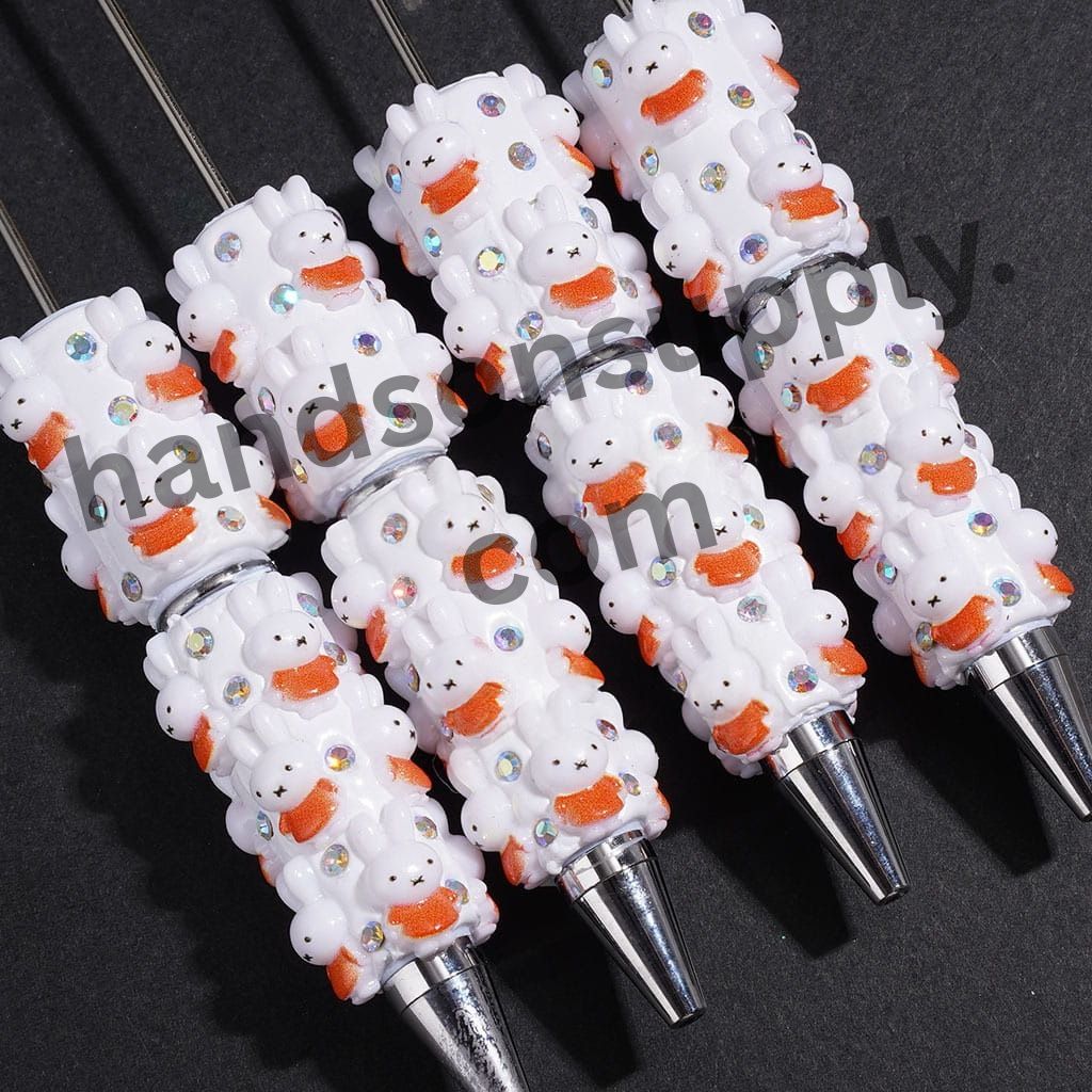 Cute White Bunny Rabbit with Orange Scarf & AB Rhinestone on White Background Beadable Clay Pens
