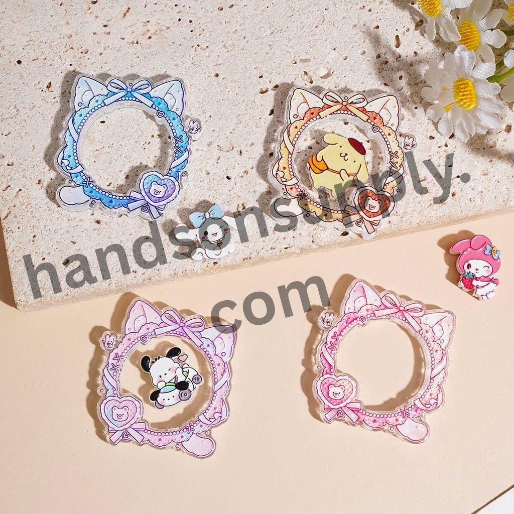 Cute Cartoon Adorable Character Acrylic Beads Cat Head Shape Frame w Bow & Cartoon Pieces, 37*38MM Multi-Color Random Mix, (Please Read Description)