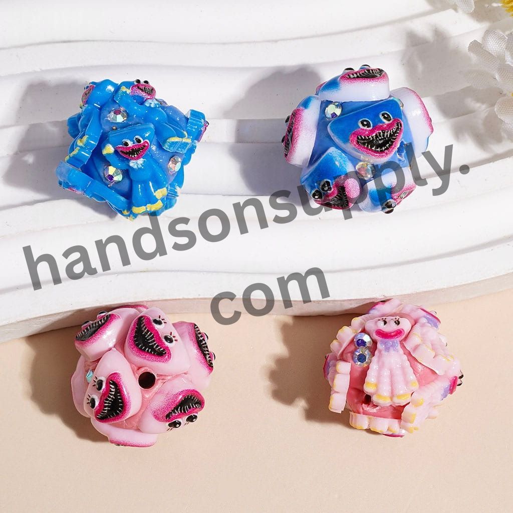 Pink & Blue Cute Monster Big Mouth Villain Doll Character with AB Rhinestones, Silicone Focal Beads, 20MM, Multi-Color Random Mix