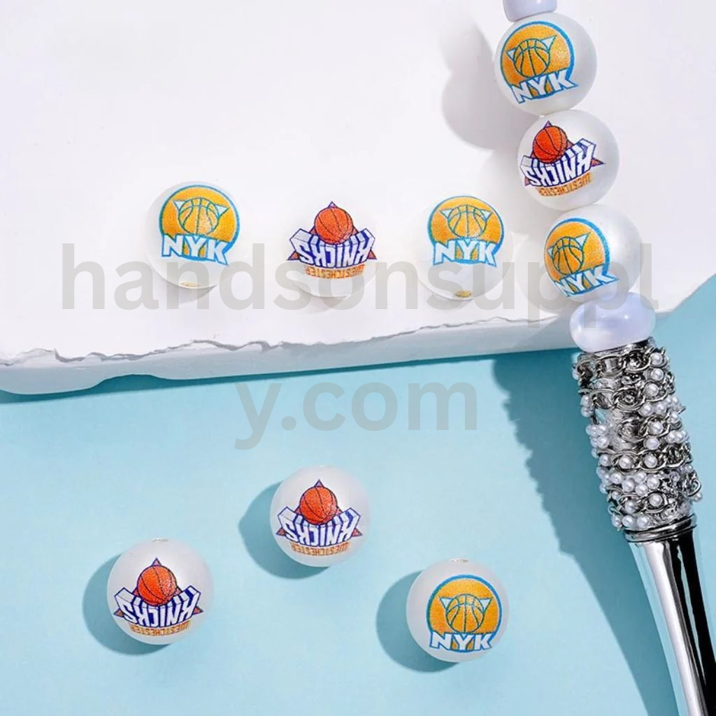 New York Knic NB Sports Frosted Matt White Round USA Basketball Theme Acrylic Beads Random Mix 16MM