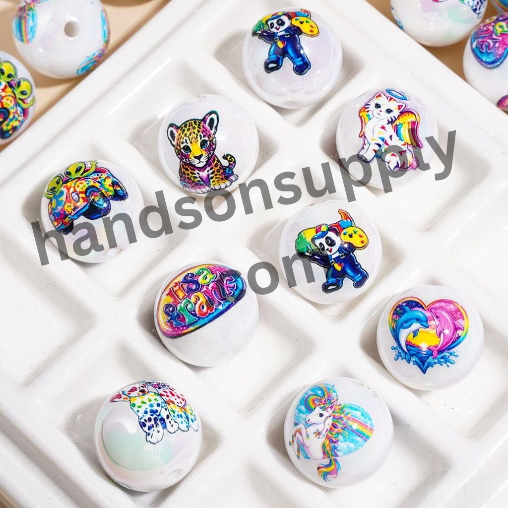 UV Coated White Iridescent Cute Animal & Fantasy Character Printed Round Acrylic Beads for Bracelets, 16MM, Assorted Designs, Random Mix