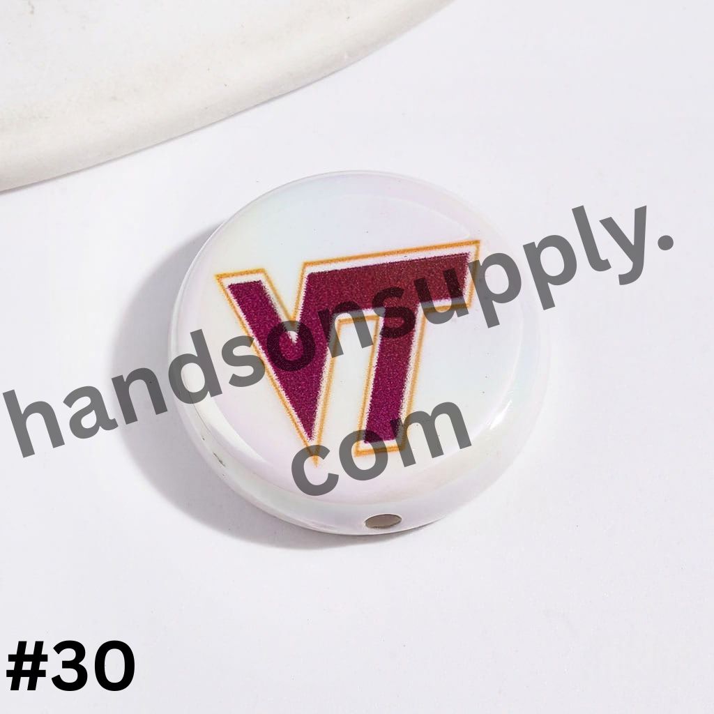 UV-Coated American College Sports Football Team Logo Series Flat Round Acrylic Beads, 23MM