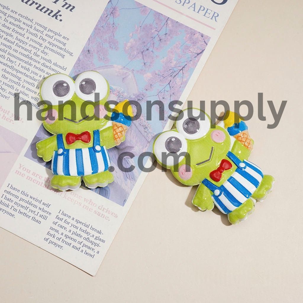 Cute Big-Eyed Frog Character with Red bow Holding Yellow Ice cream Raised Pattern Acrylic Beads, 50*41MM