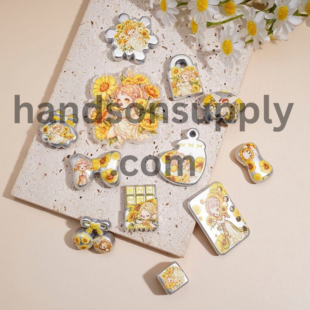 Adorable Little Girl with Curly Hair and Yellow Sunflower Floral Design Acrylic Beads Charms Pendants, Random Mix
