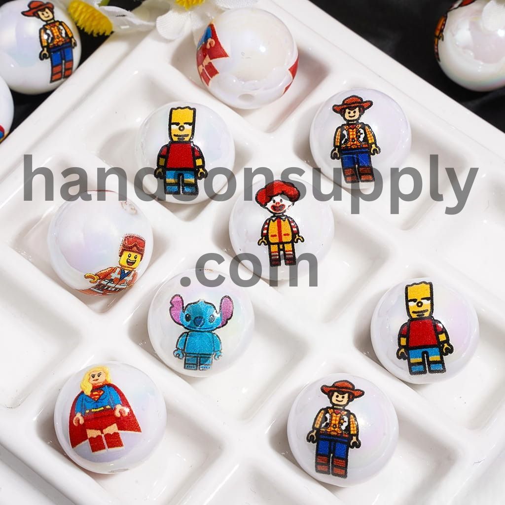 UV Coated Cartoon Building Block Character Acrylic Beads for Bracelets, 16MM, Assorted Designs