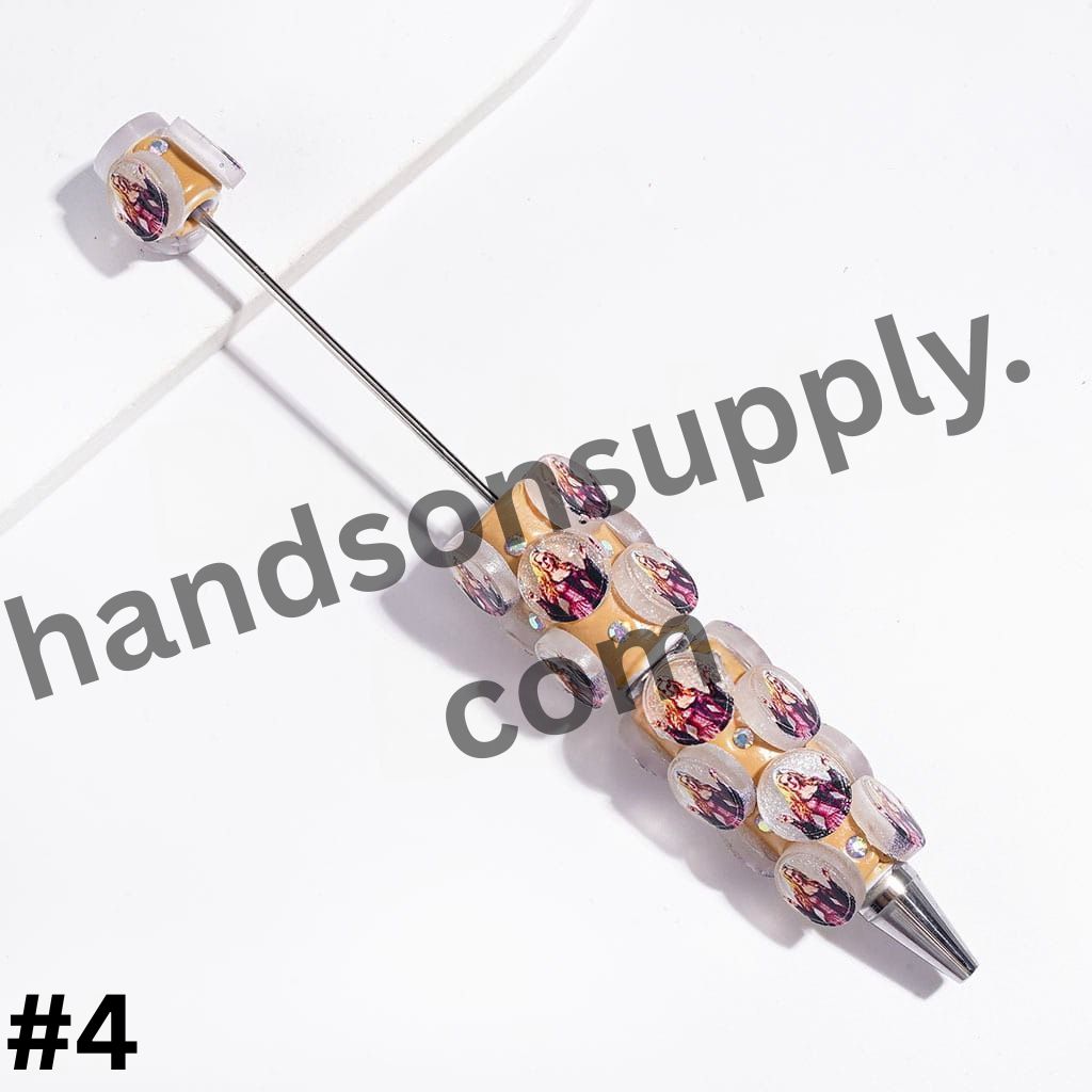 Creepy Sister Characters Printed on Glittery Rounded Pieces with Sparkling AB Rhinestones Beadable Clay Pen