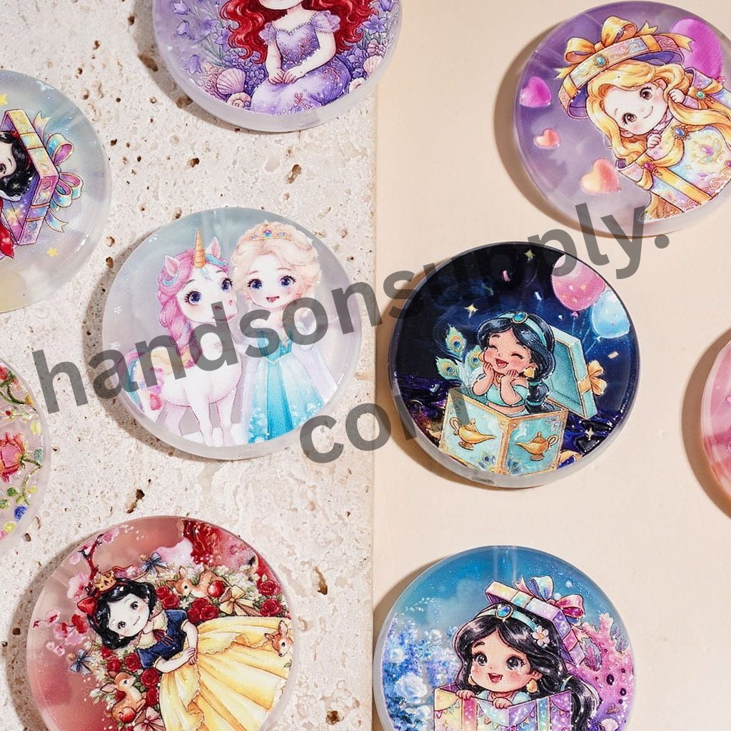 Classic Animation Beautiful Princess Character Print on Flat Round Shape Acrylic Beads, 31MM Random Mix