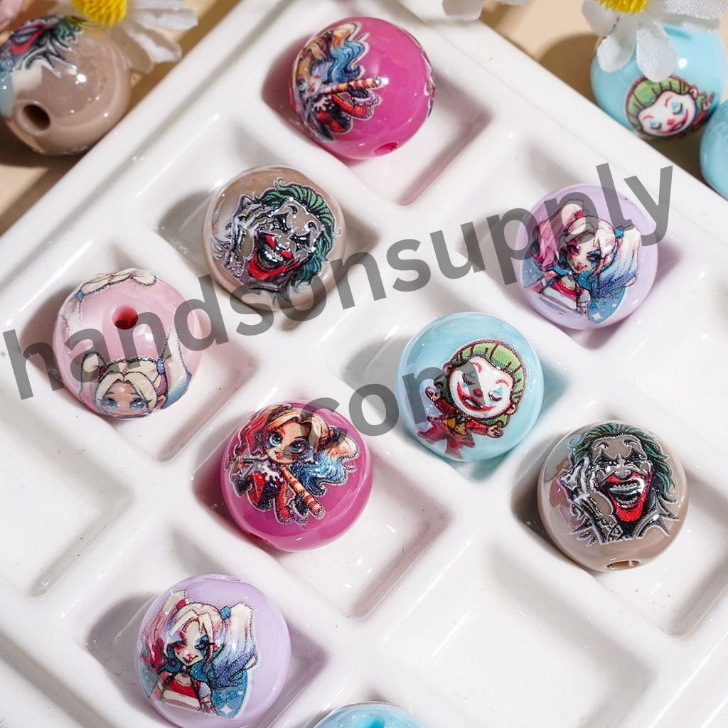 Cute Cartoon Villain Clown and Girl Character Printed Anime Style Round Acrylic Beads, 16MM Random Mix