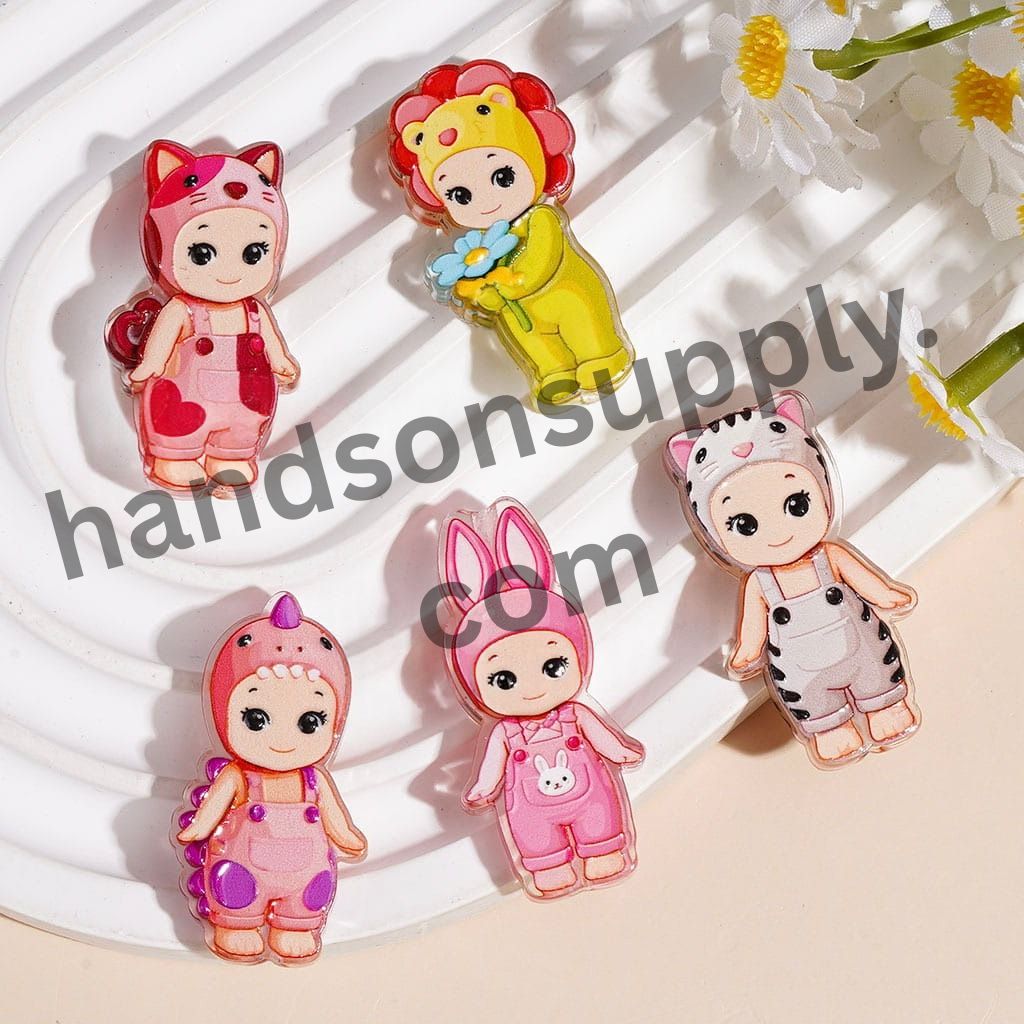 Cute Baby Angel with Animal Hat & Overalls Printed Acrylic Beads, Assorted Designs, Random Mix
