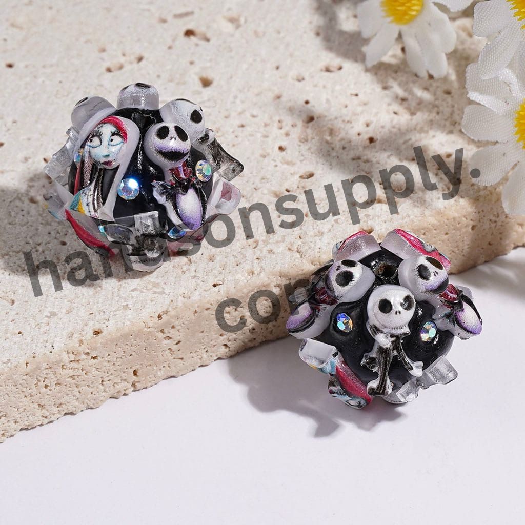 Girl and Boy Skeleton Couple Character Series, Red Hair Clay Beads with AB Rhinestones, 20MM, Random Mix