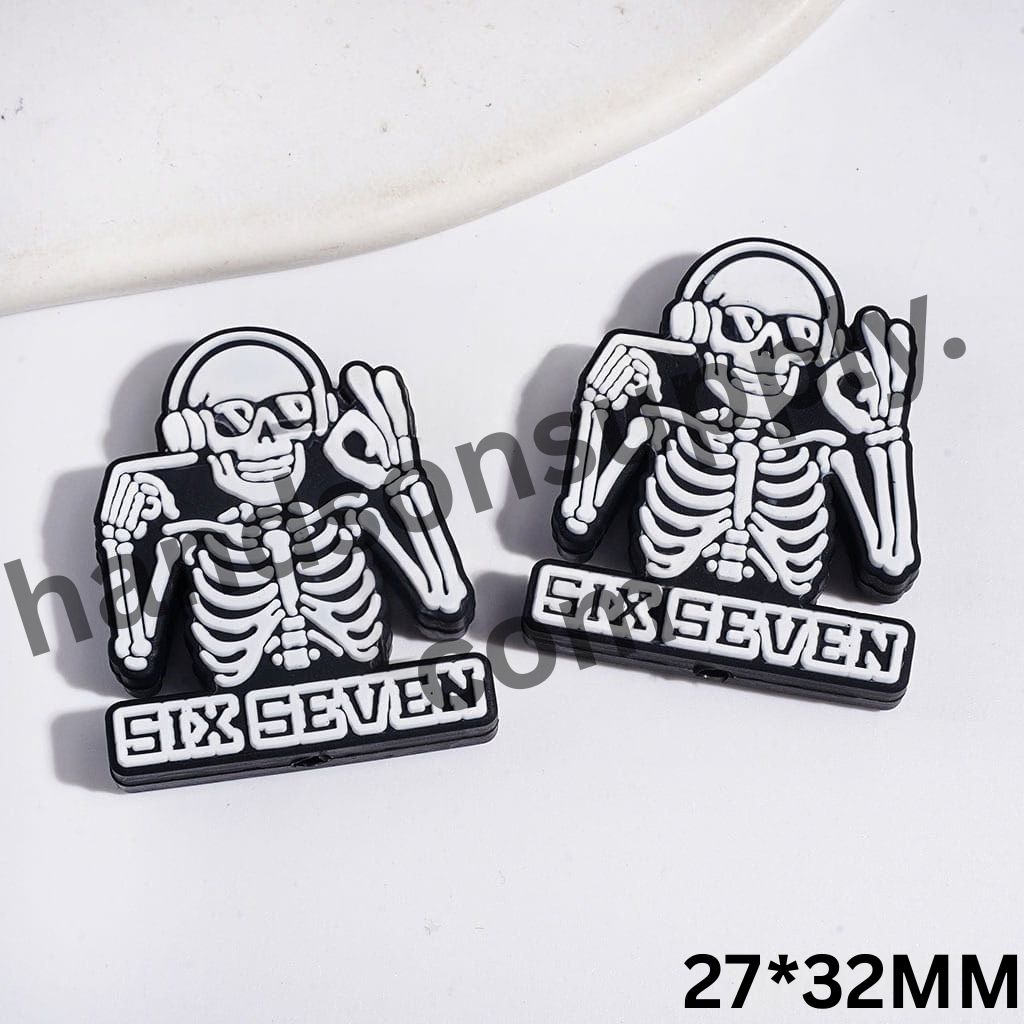 Trendy Skull with Headphones with "ok" Hand Gesture & Text "SIX SEVEN" Silicone Focal Beads, 27*32MM