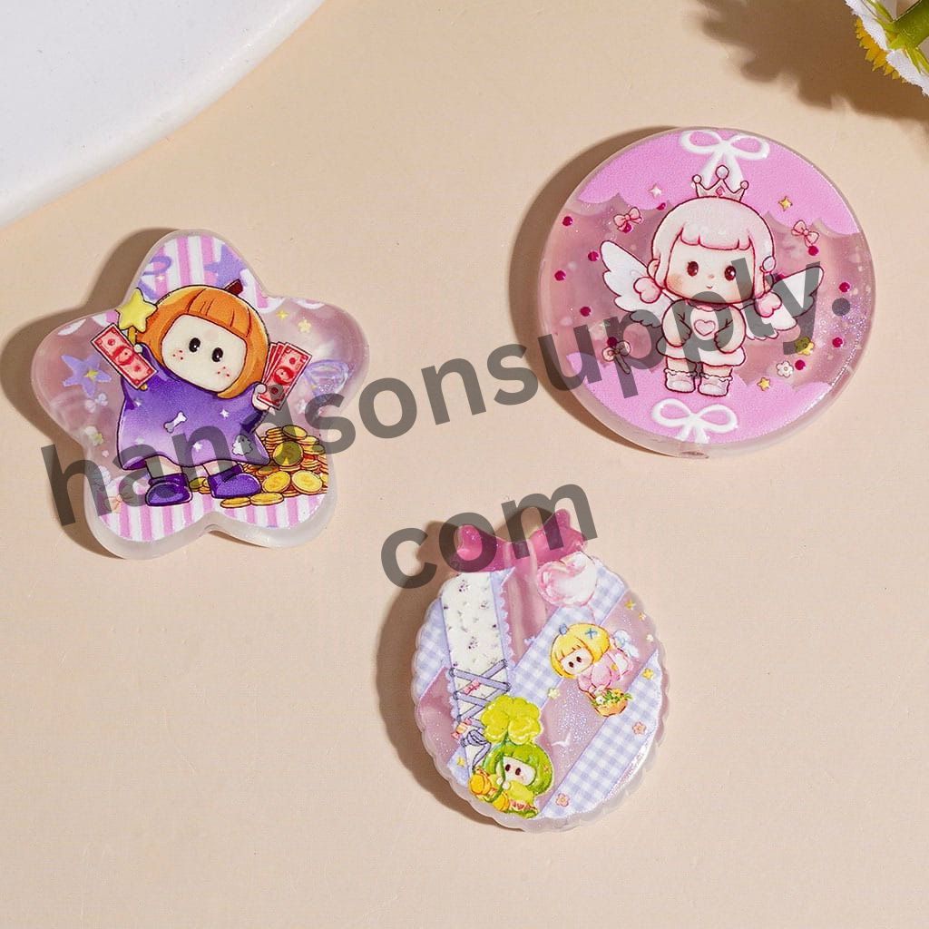 Cute Girl with Straight Bangs Character Printed Pink Series Acrylic Beads Pendants, Assorted Designs, Random Mix