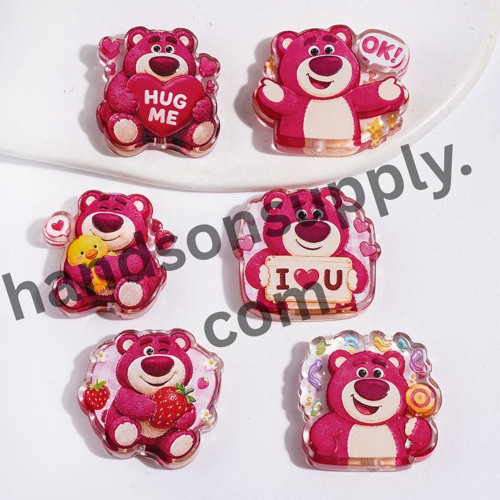 Cheerful Pink Bear Character Designs in Various Ornament-Shaped Semi-Clear Acrylic Beads, Random Mix
