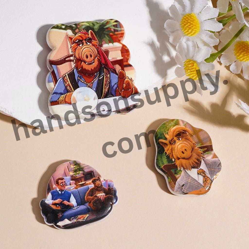 Alien Pig Creature Cartoon Character Printed Acrylic Beads Pendants, Assorted Shapes & Designs, Random Mix