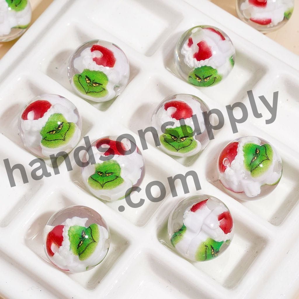 Green Christmas Character Grinch Head Embedded Inside Clear Round Acrylic Beads for Bracelets, 16MM, Random Mix
