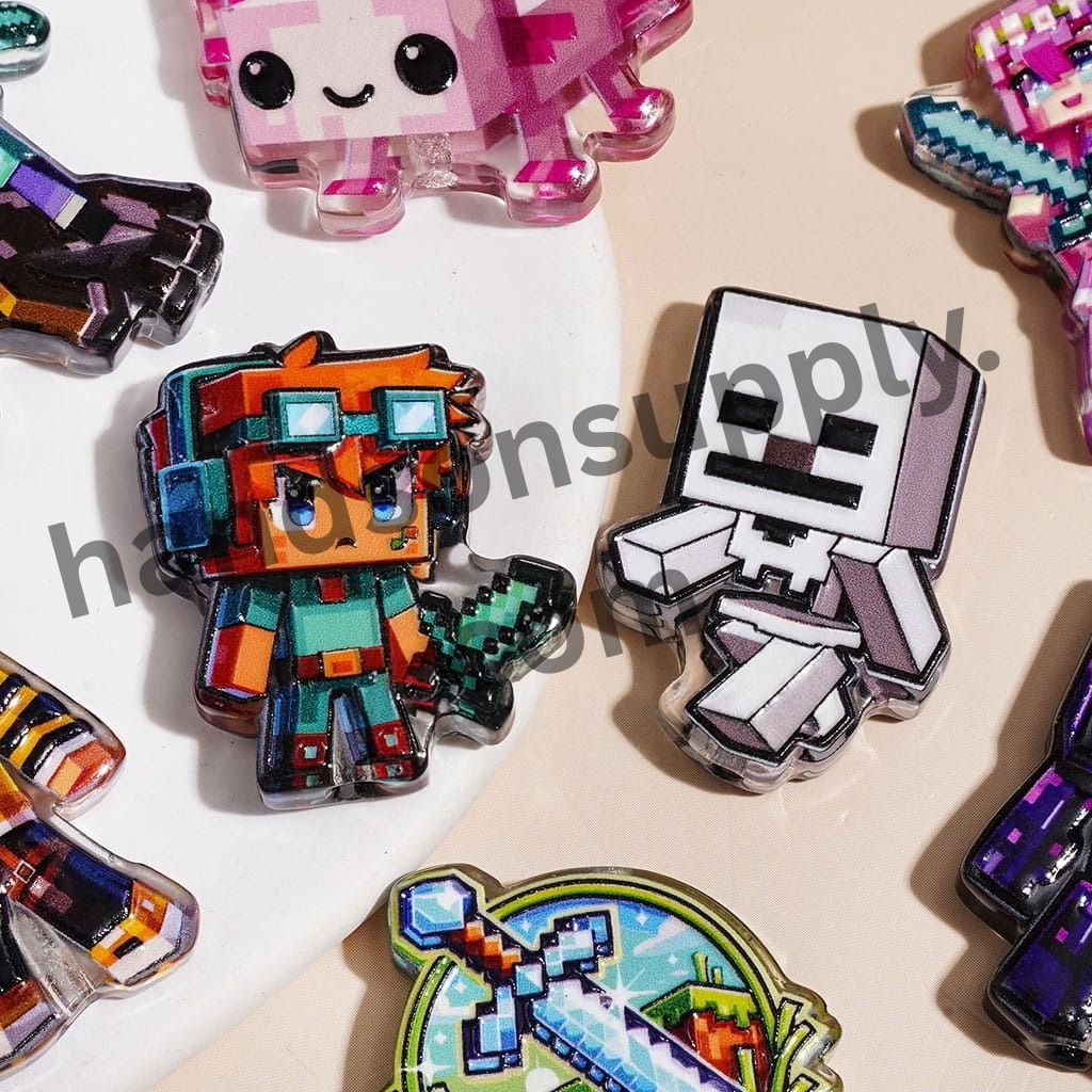 Cute Pixel-Style Game Character Sandbox Game Theme Acrylic Beads, Random Mix