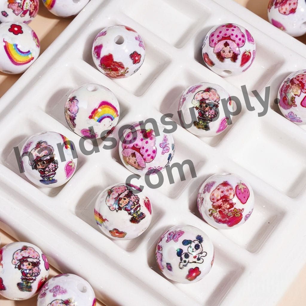 Cute Cartoon Rainbow Dog Berry Girl Character Printed White Background Round Acrylic Beads for Bracelets 16MM, Random Mix
