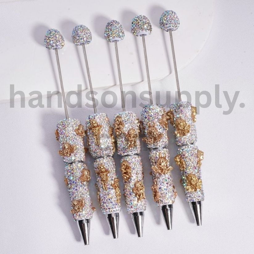 Gold Cupid Wings Beadable Clay Pen with AB Rhinestones