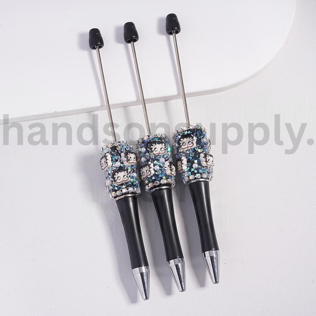 Cute Old Girl Character Design with AB & Cone Rhinestones and White Pearls Beadable Clay Pen 20mm