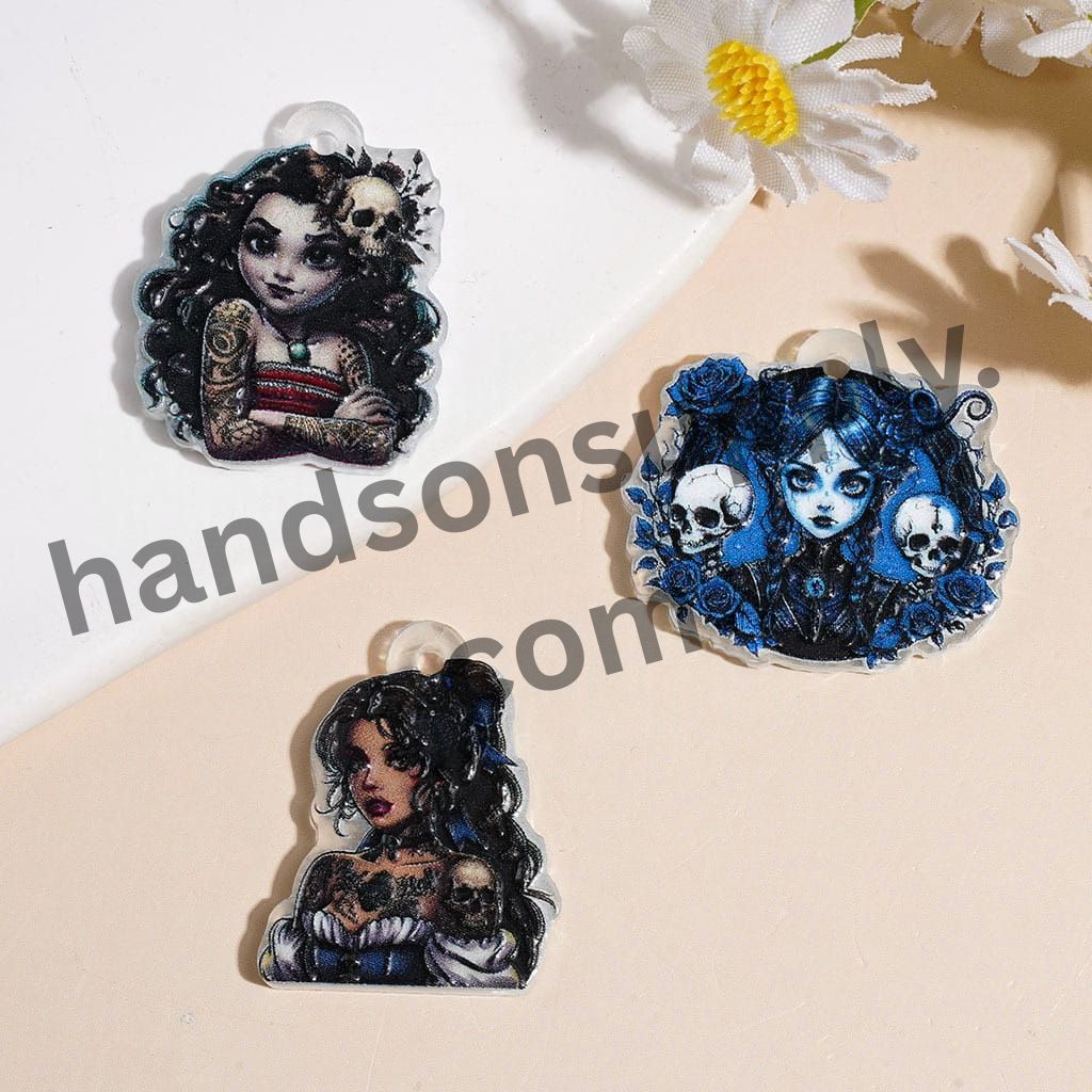 Horror Girl Fairy Tale Princess Tattoo Character Skull & Rose Theme Acrylic Pendants, Various Shapes, Random Mix