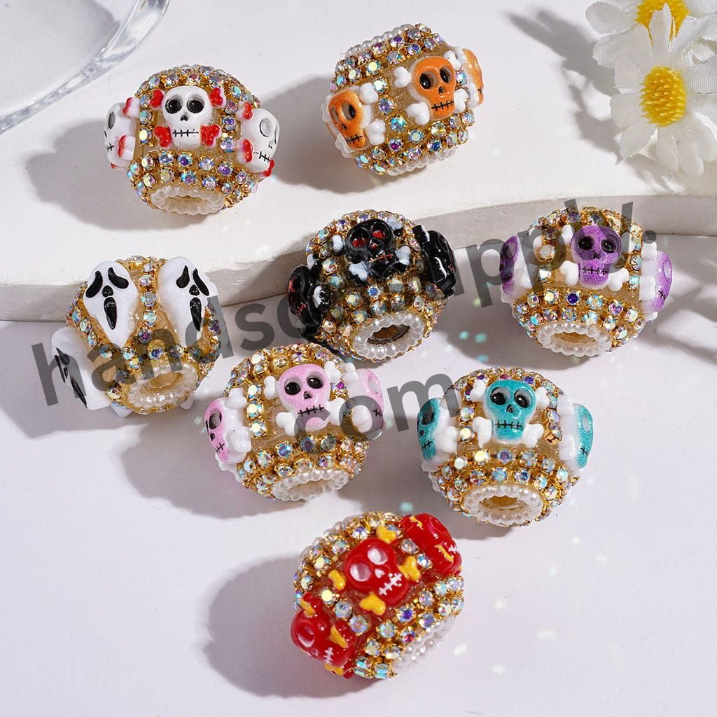 Halloween Horror Skull & Ghost Head Handcrafted Acrylic Beads with AB Rhinestones & White Pearl Chain, 22MM, Random Mix