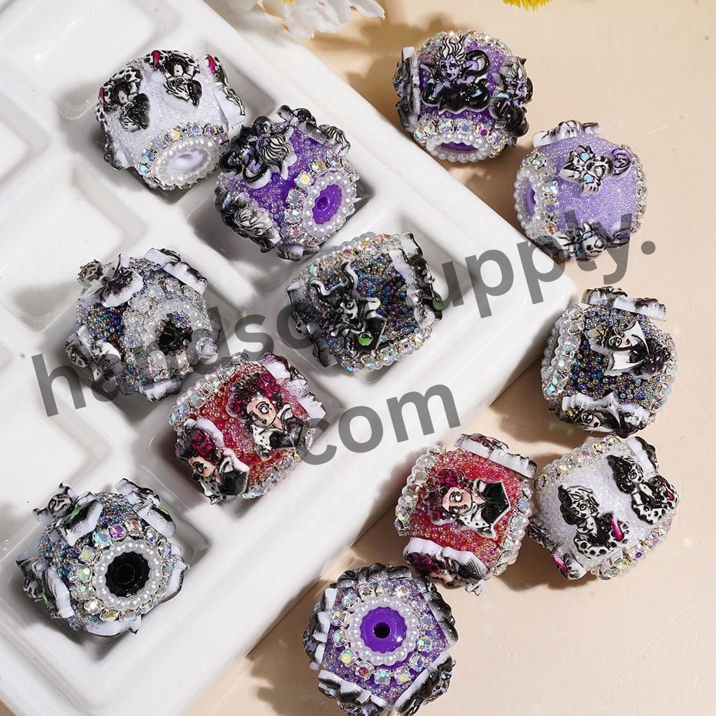Gothic Cartoon Villain Characters & Tiny Iridescent Bubble Balls Handmade Acrylic Beads with Rhinestones & White Pearl Chains, 20MM, Multi-Color, Random Mix