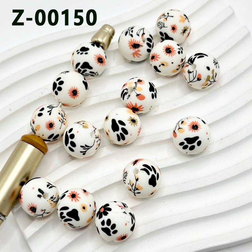 Flowers Black Paw Prints Round Printed Colorful Mini Silicone Beads 15mm, Number Z-00150
