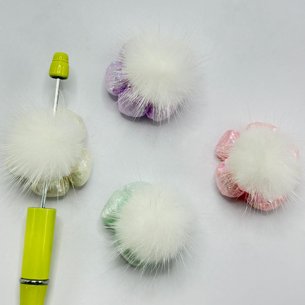 Flower Fabric Bling Bling with White Fluffy Ball Heart Clear Rhinestone Acrylic Beads