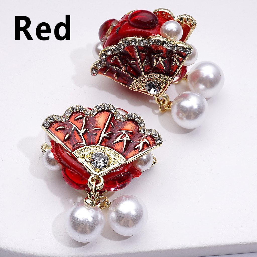 Elegant Gold Vintage Fan Charm with Bling Bling Rhinestones White Pearl Accents Pendants and Clay Beads Approx 30x24mm