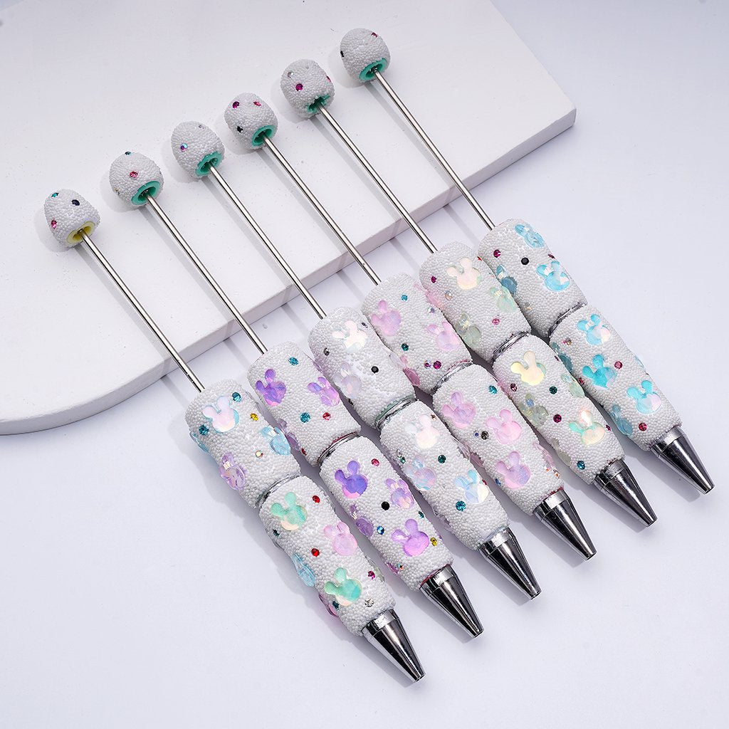 Beadable Clay Pens Covered with Colorful Shiny Rhinestones Mini Snow Balls and Cute Bunny Heads Along the Entire Pen