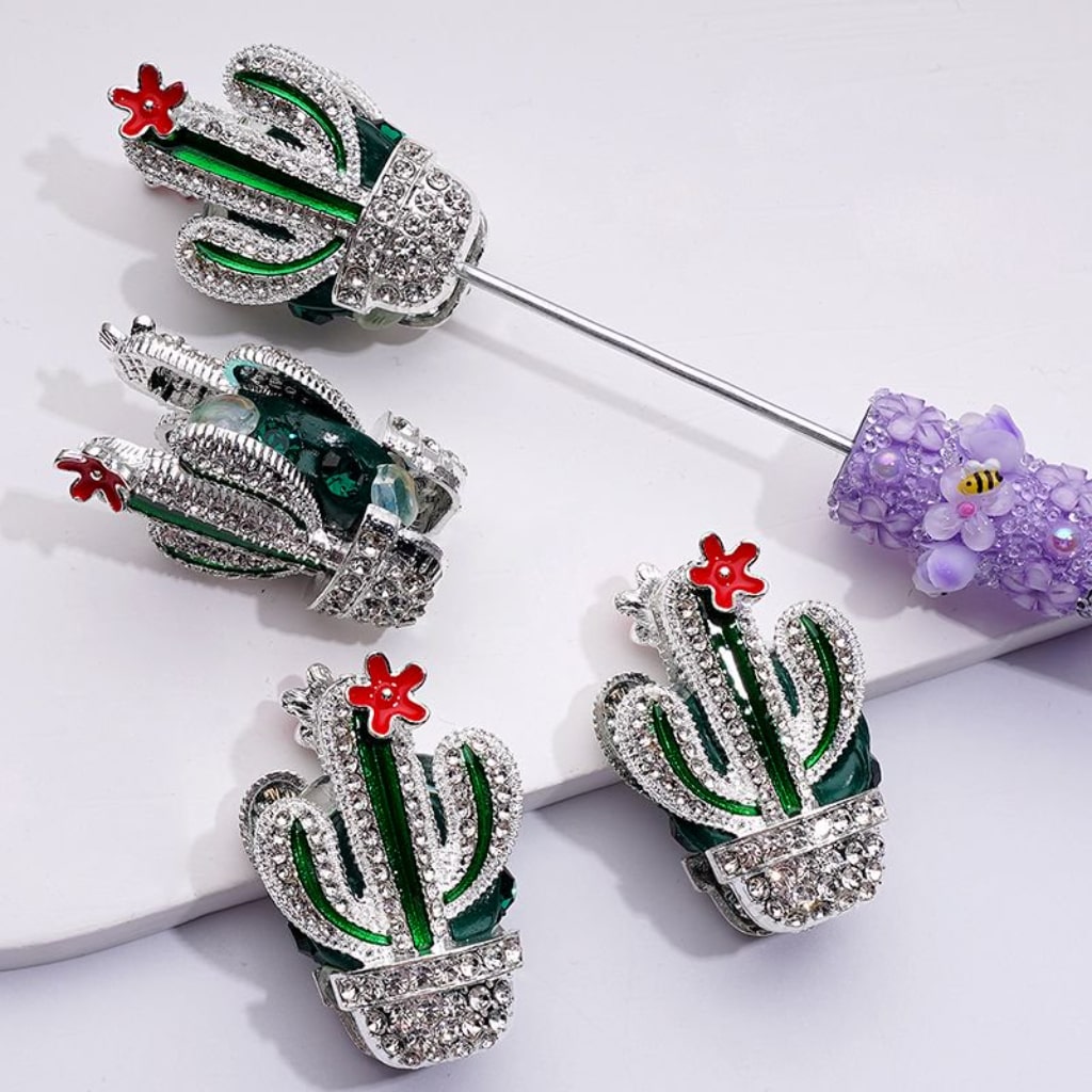 Whimsical Silver Cactus Clay Beads with Red Flower, Green Rhinestones & Oval Pearls, Approx. 40x27MM, Fancy Metal Alloy