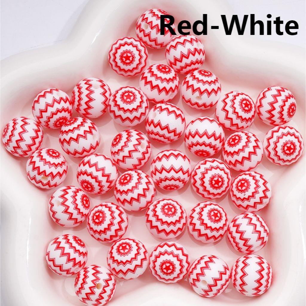 Zigzag Stripe Round White Printed Design Multi-Color Style Silicone Beads Z-00280 15MM